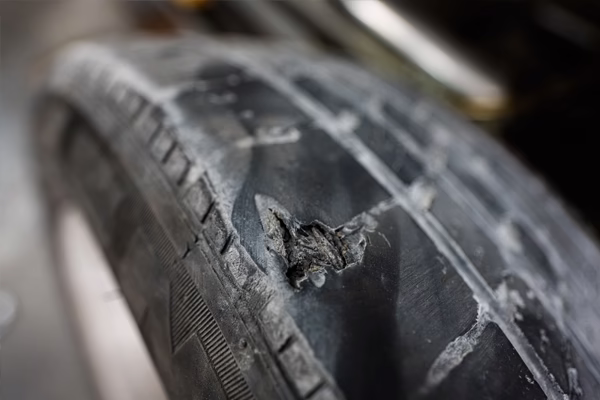 close-up look at a damaged tire 